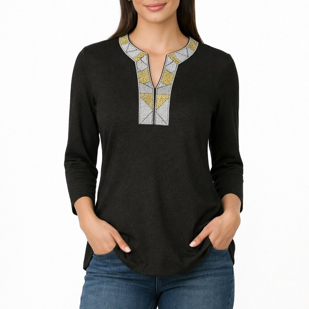 J McLaughlin Embroidered Tunic Size Medium Sparkly Geometric Neckline 3/4 Sleeve